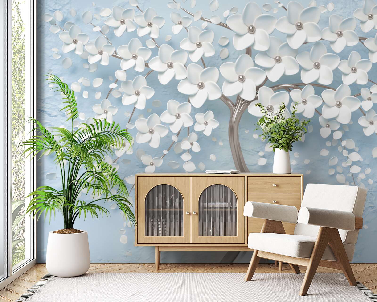 Fotobehang tegen een achtergrond van blauwe lucht staat een boom