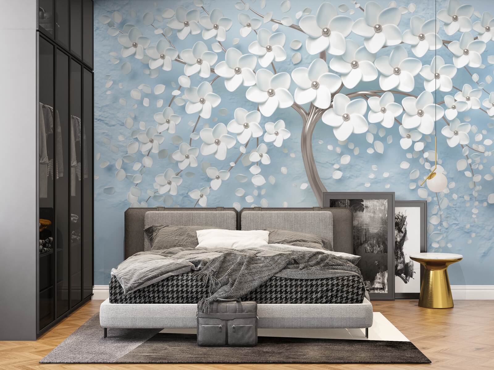 Fotobehang tegen een achtergrond van blauwe lucht staat een boom