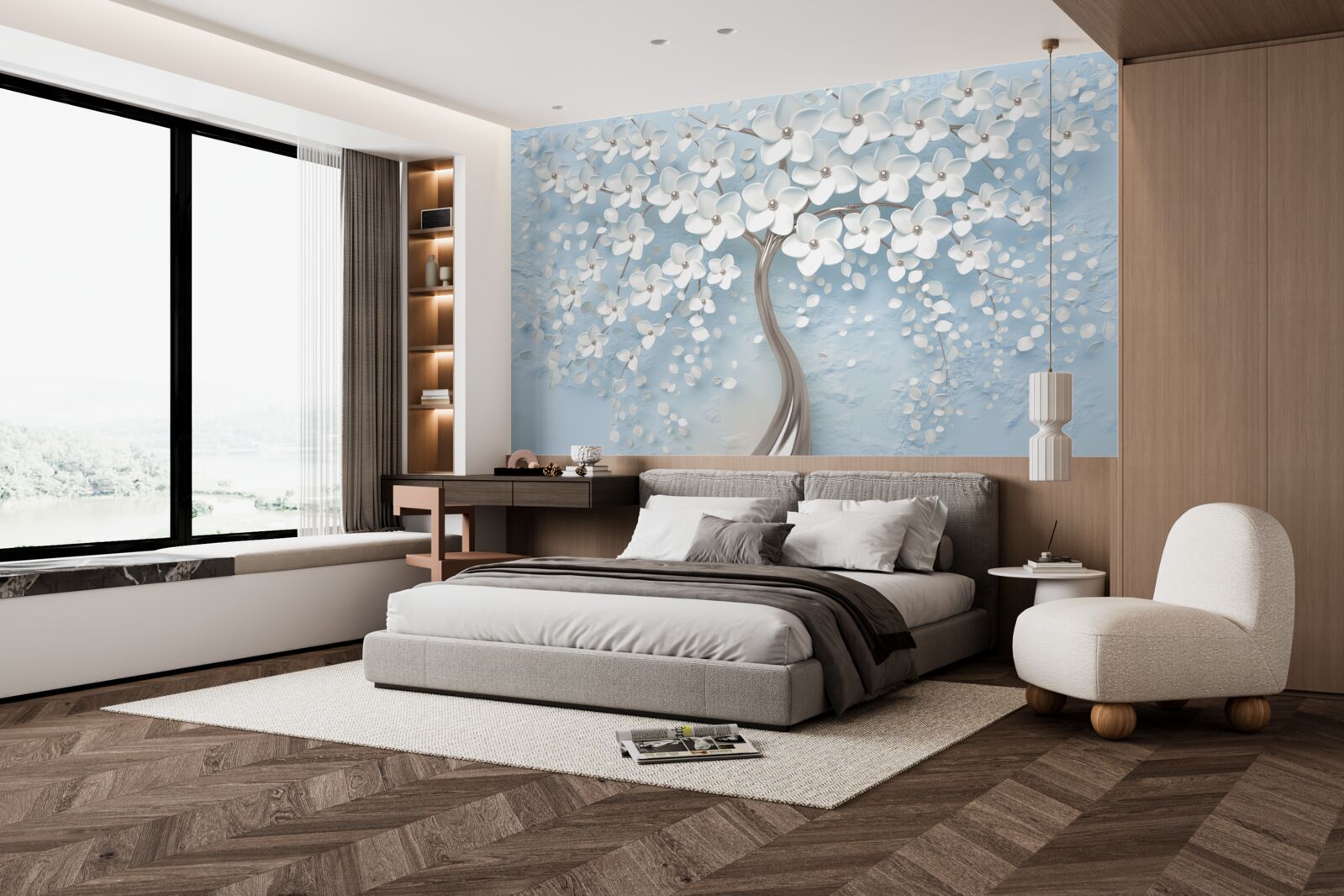 Fotobehang tegen een achtergrond van blauwe lucht staat een boom