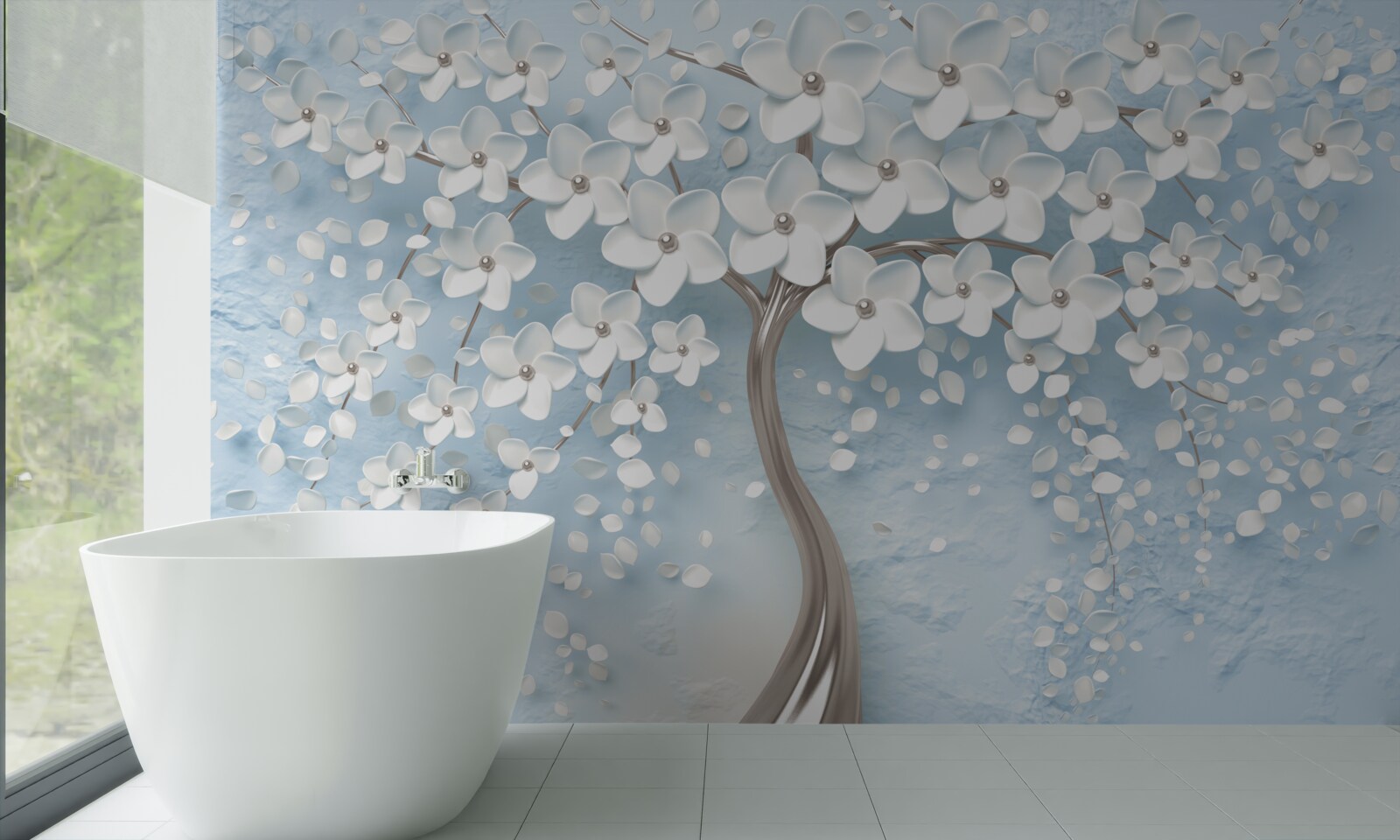 Fotobehang tegen een achtergrond van blauwe lucht staat een boom