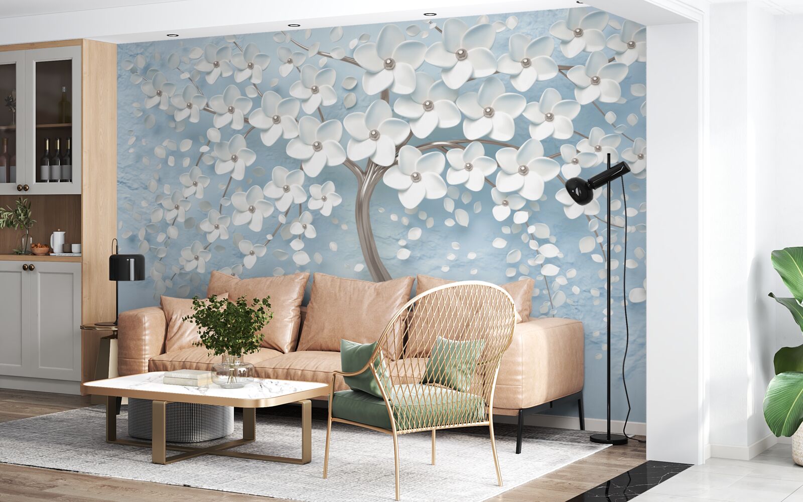 Fotobehang tegen een achtergrond van blauwe lucht staat een boom