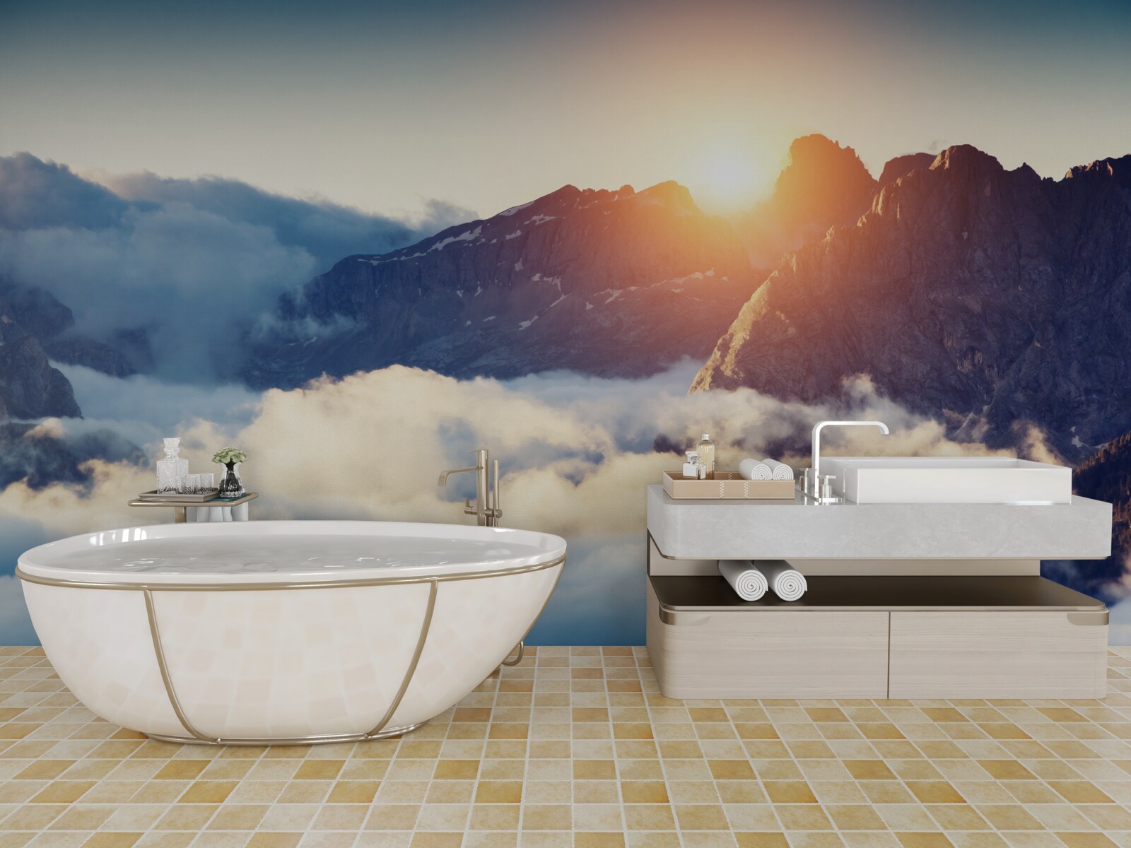 Fotobehang zonsondergang in een berglandschap