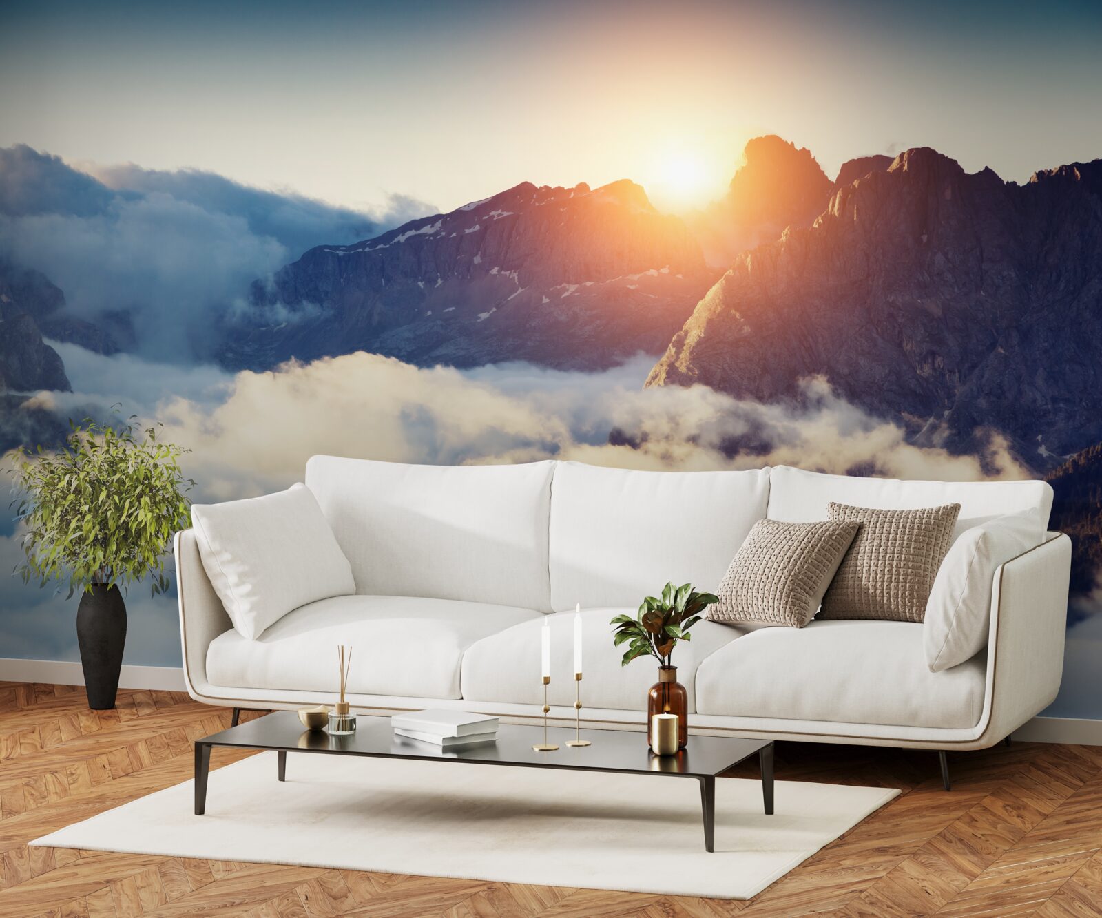 Fotobehang zonsondergang in een berglandschap