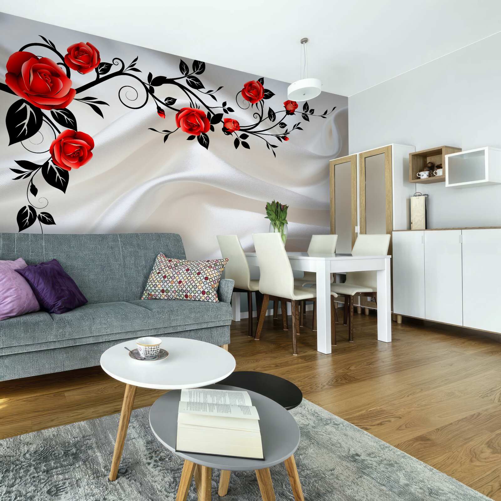 Fotobehang satijn is versierd met rozen