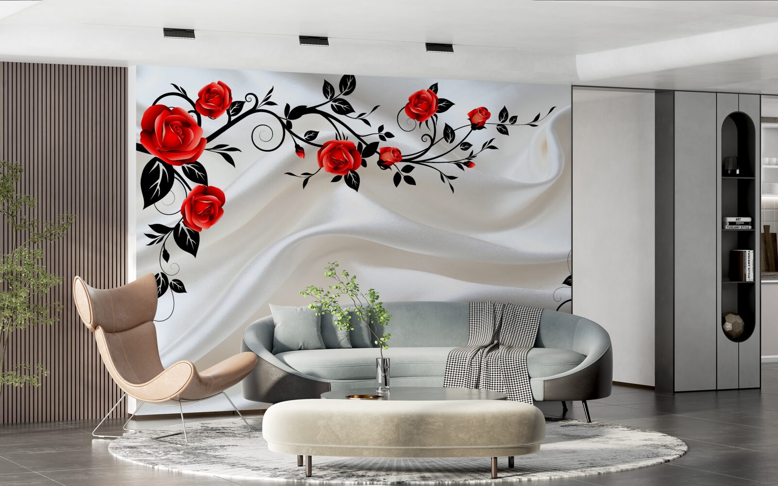 Fotobehang satijn is versierd met rozen