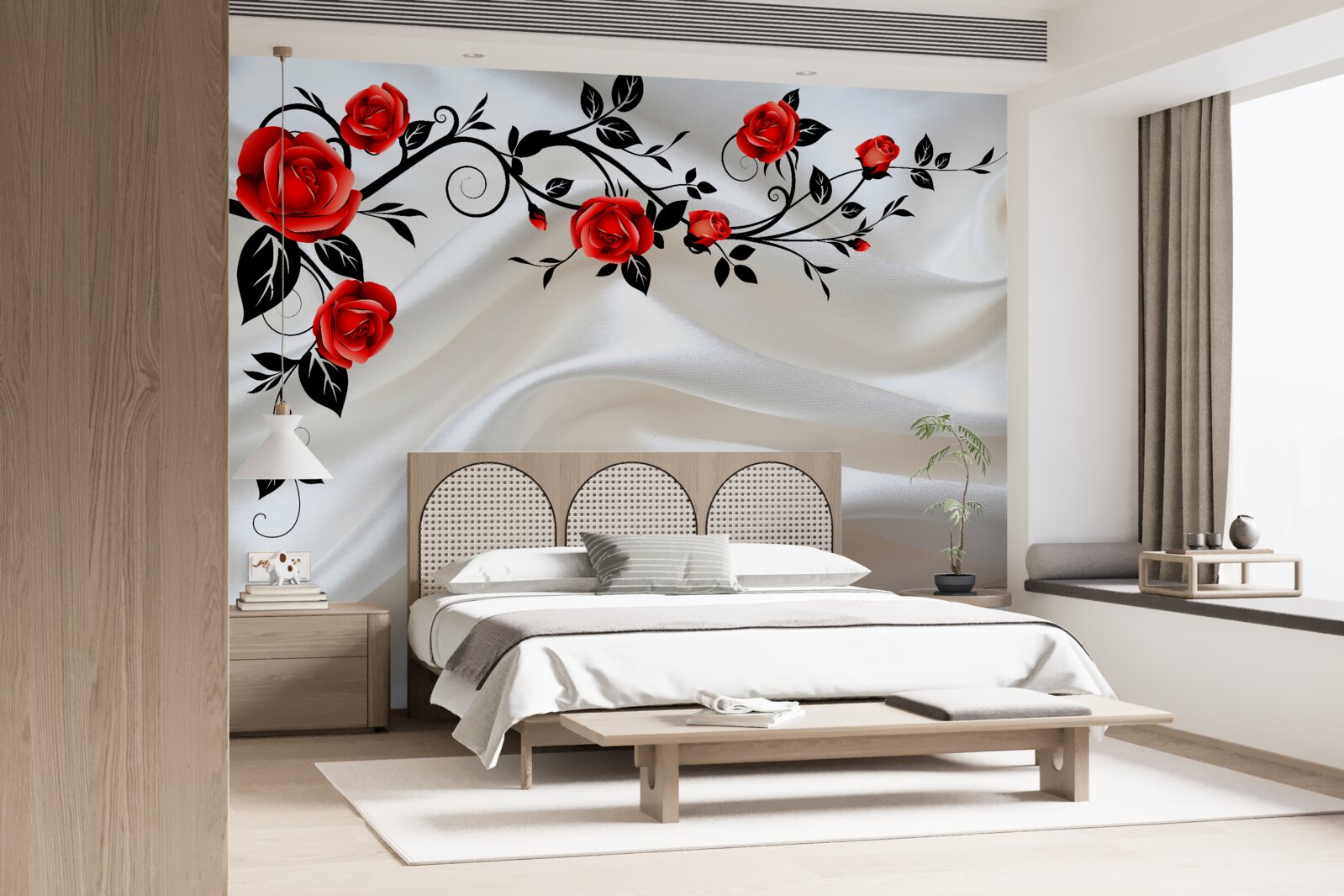 Fotobehang satijn is versierd met rozen