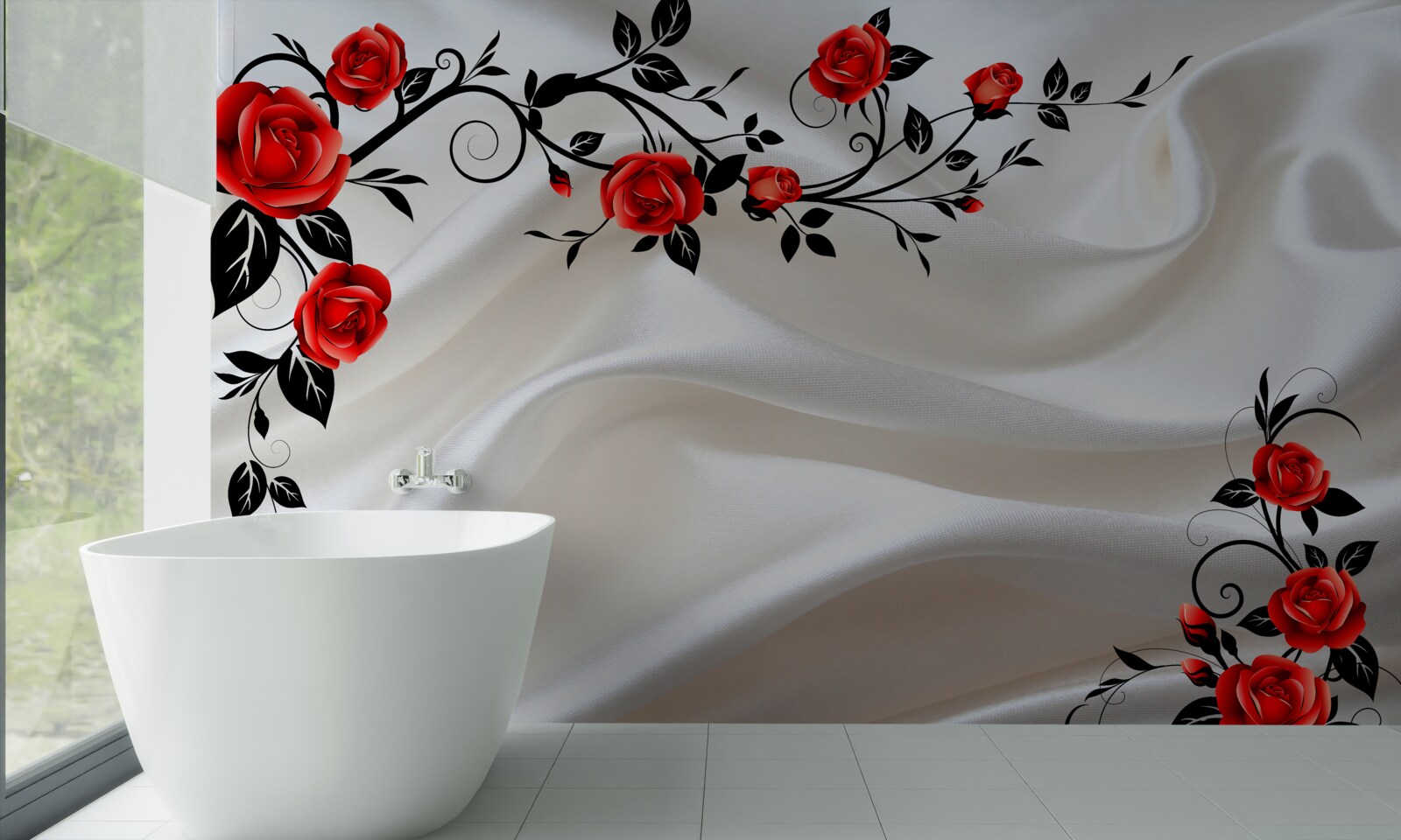 Fotobehang satijn is versierd met rozen