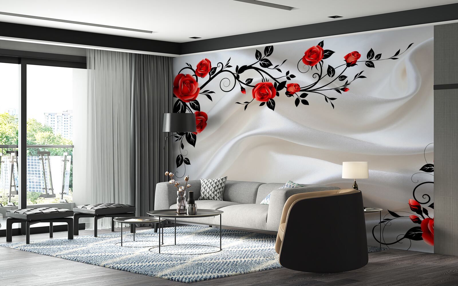 Fotobehang satijn is versierd met rozen