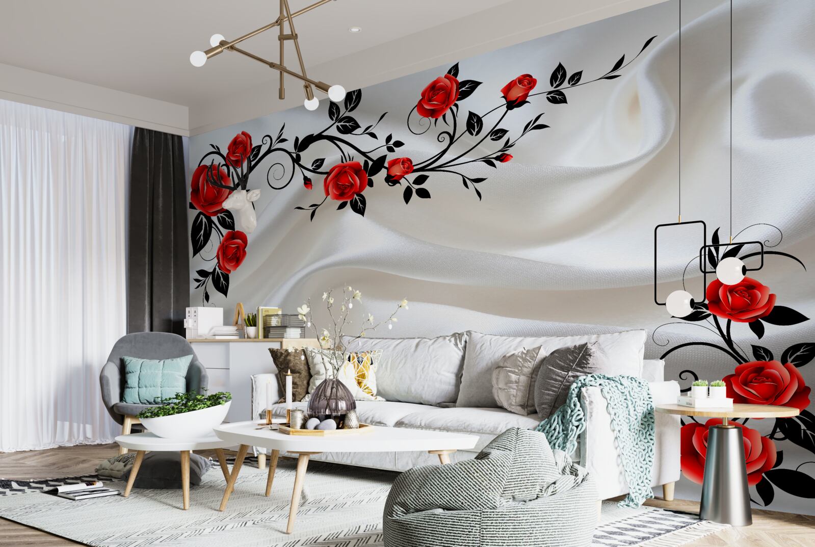 Fotobehang satijn is versierd met rozen