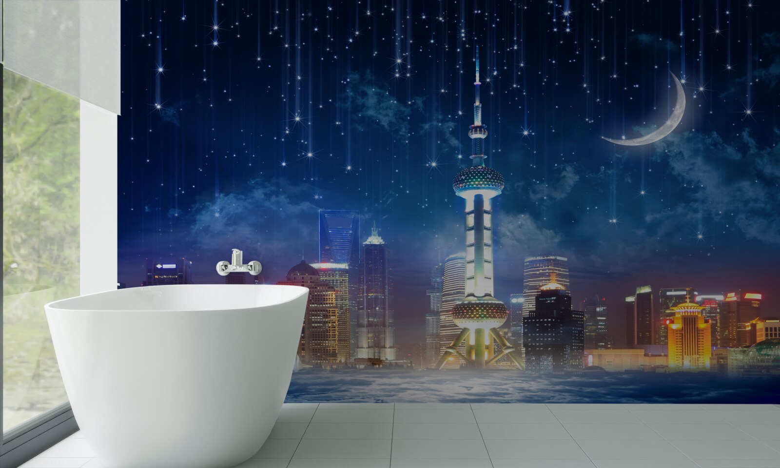 Fotobehang blauw en violet meubilair