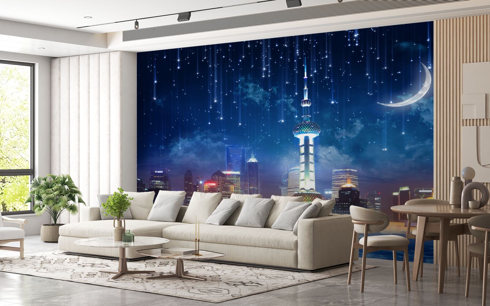 Fotobehang blauw en violet meubilair