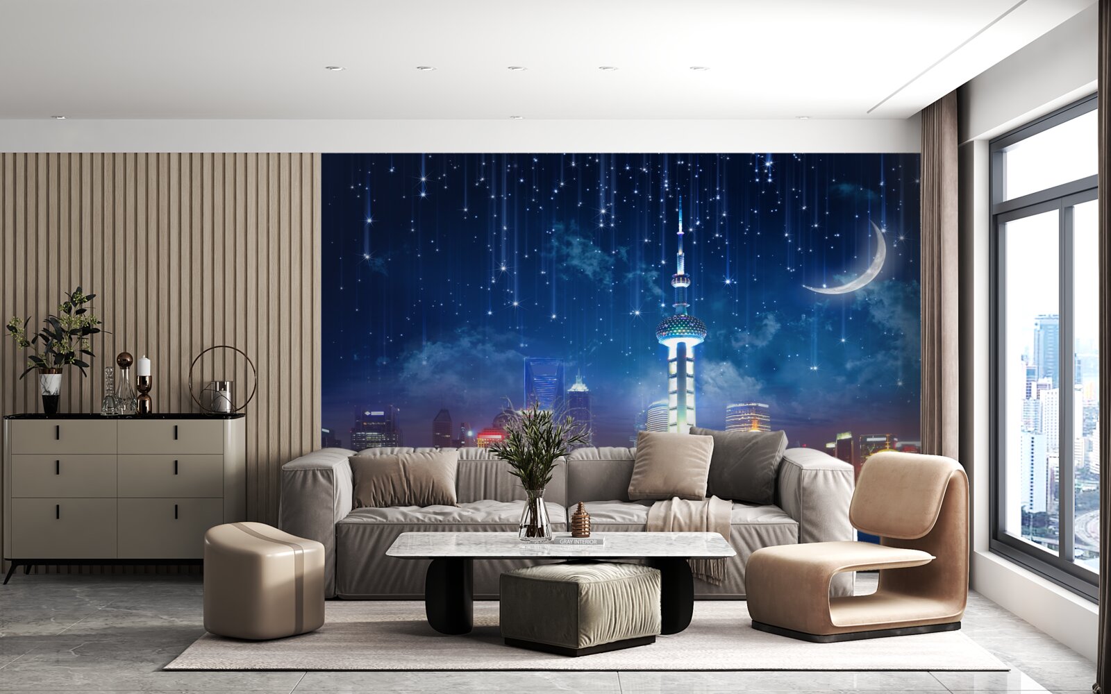 Fotobehang blauw en violet meubilair