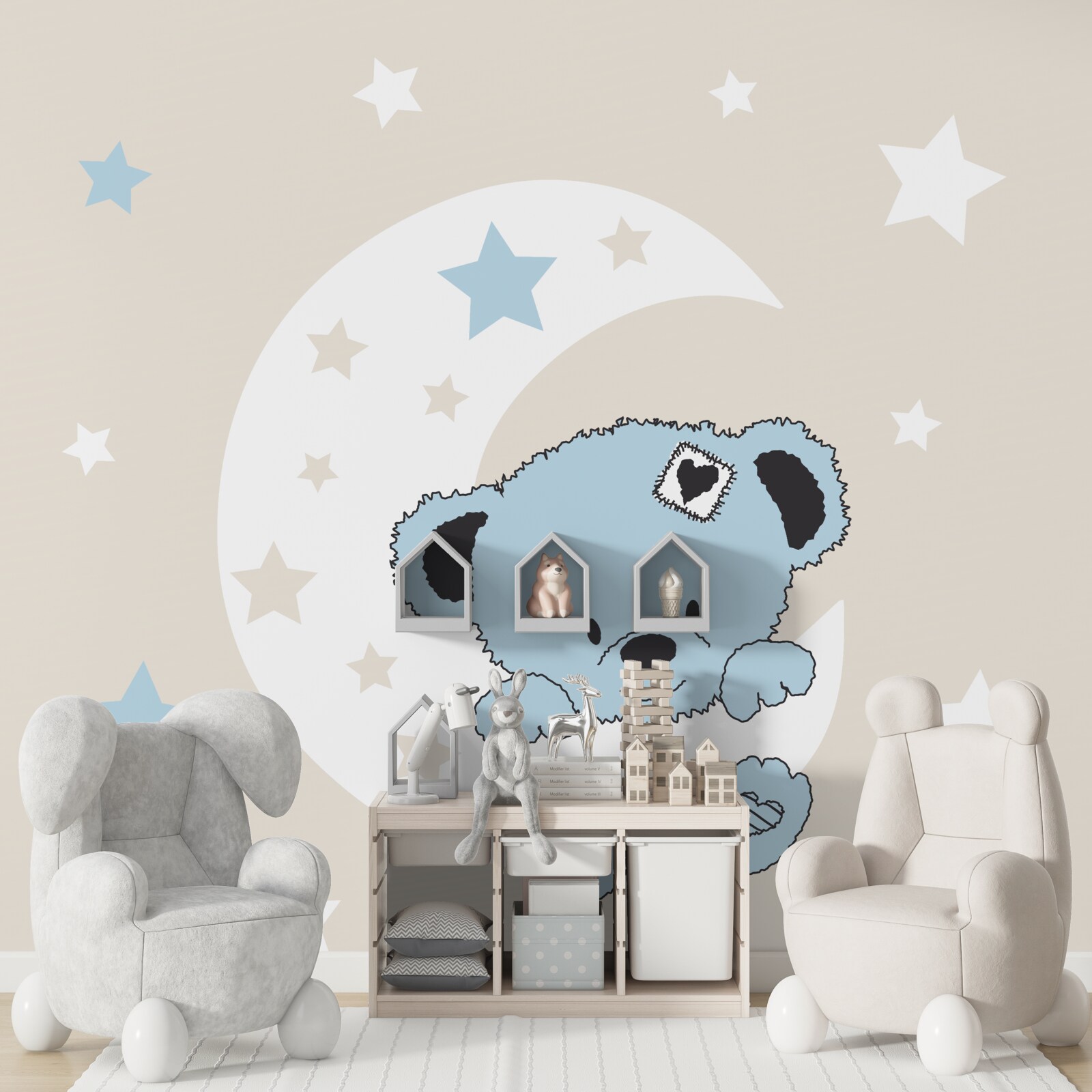 Fotobehang beertje klampt zich vast aan de maan