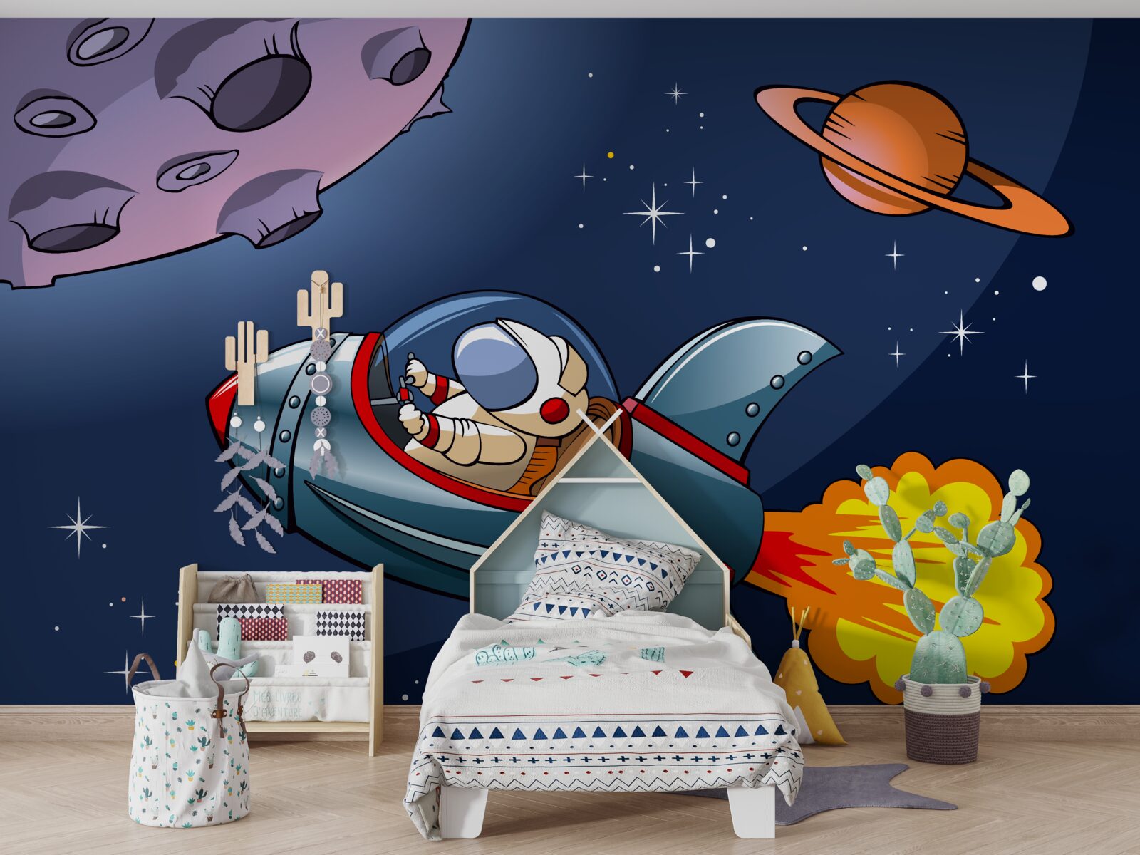 Fotobehang astronaut vliegt op ruimteschip