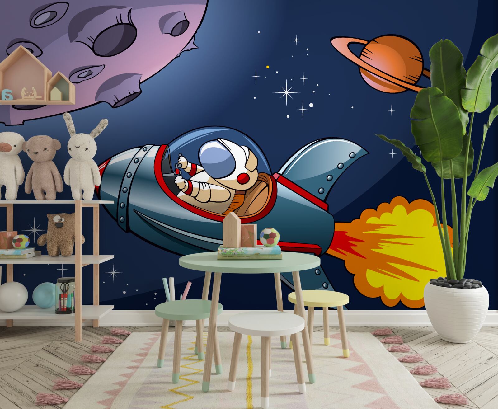 Fotobehang astronaut vliegt op ruimteschip