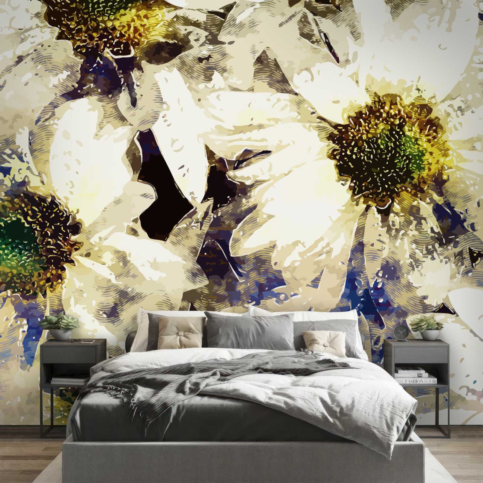 Fotobehang aquarel met witte margrieten