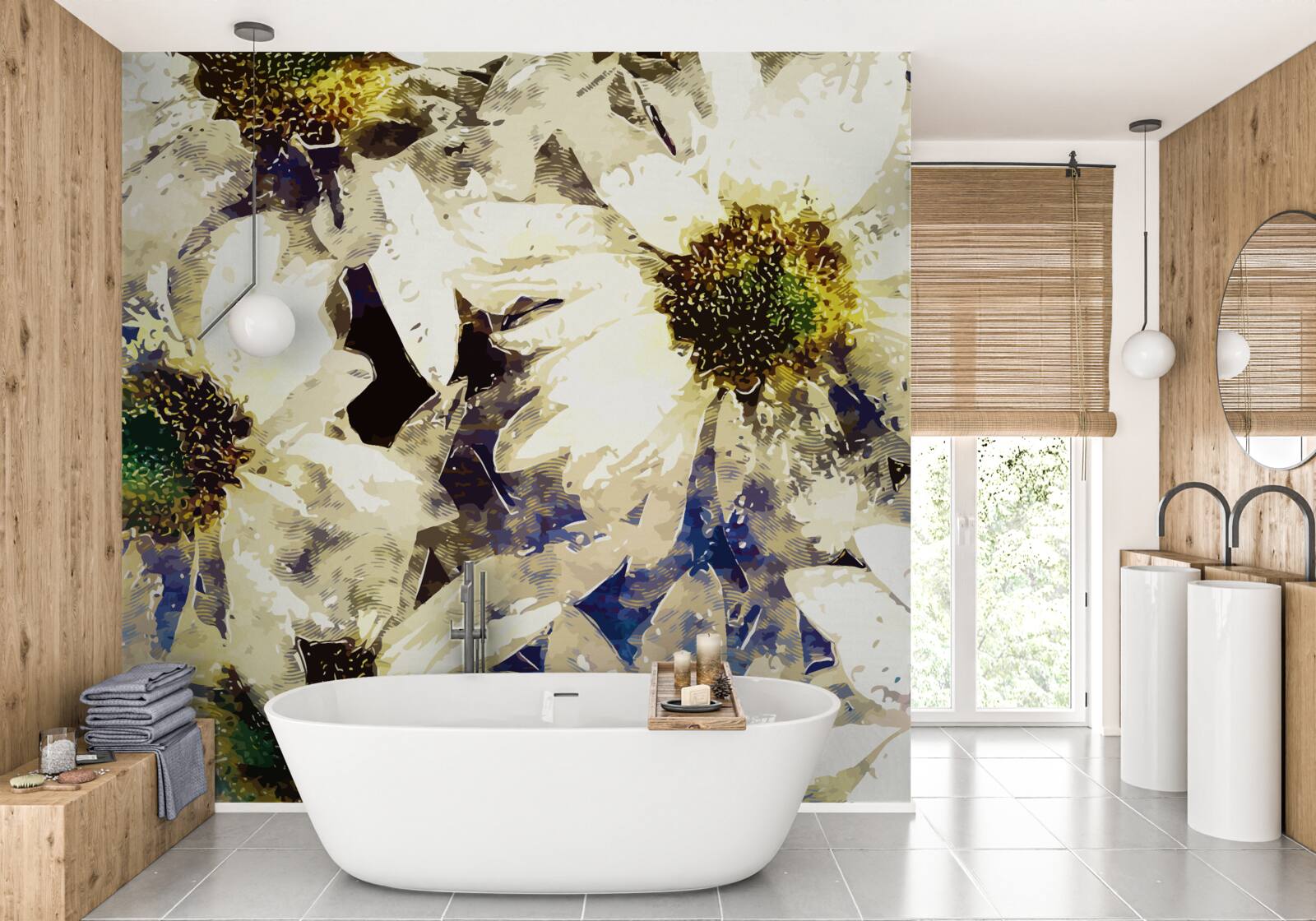 Fotobehang aquarel met witte margrieten