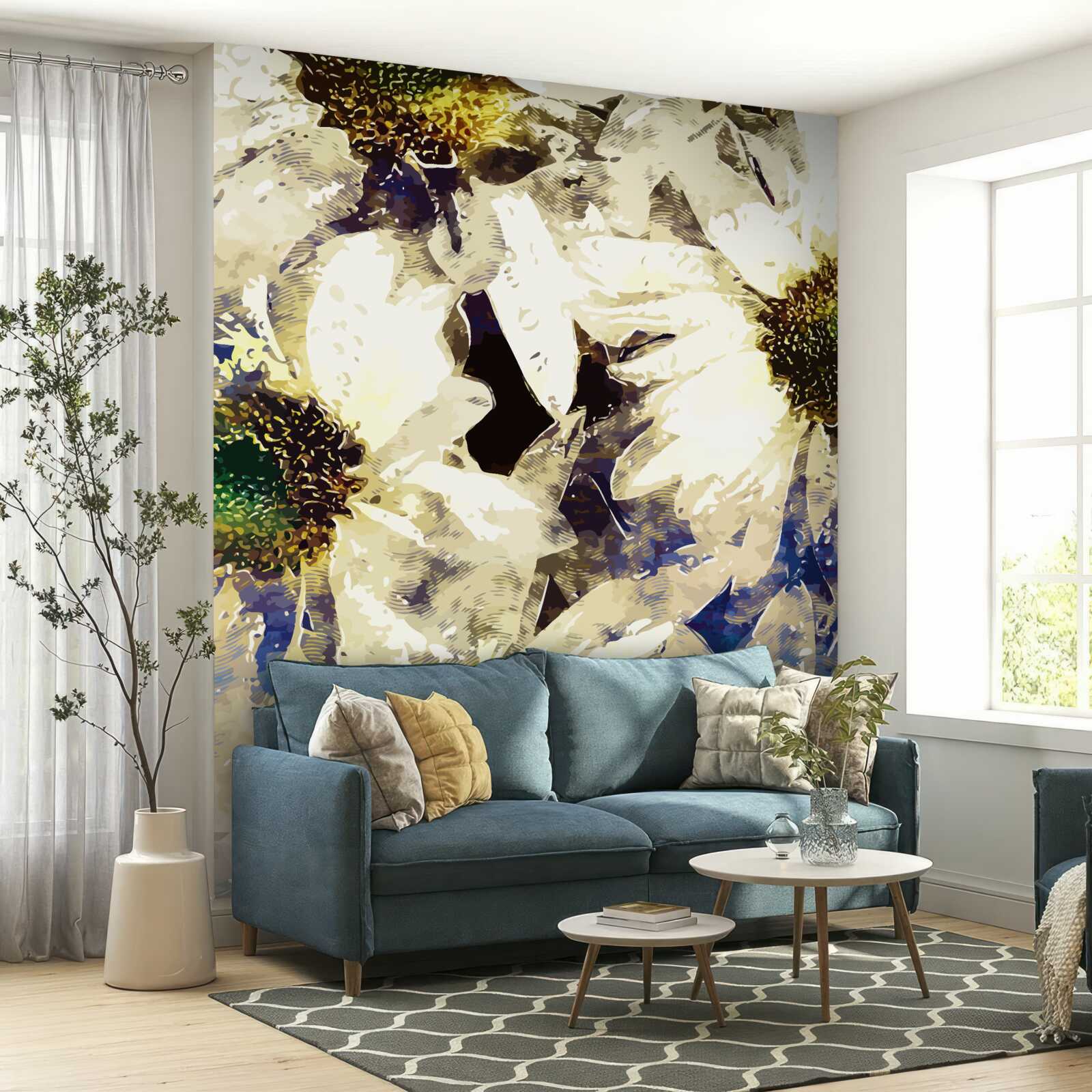 Fotobehang aquarel met witte margrieten