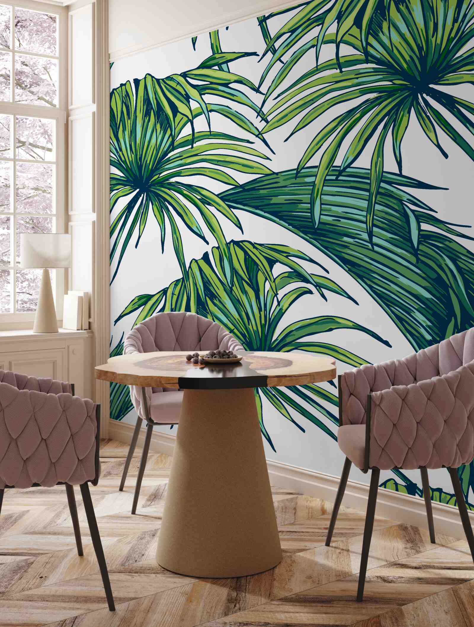 Fotobehang groene palmen op een sneeuwwit oppervlak