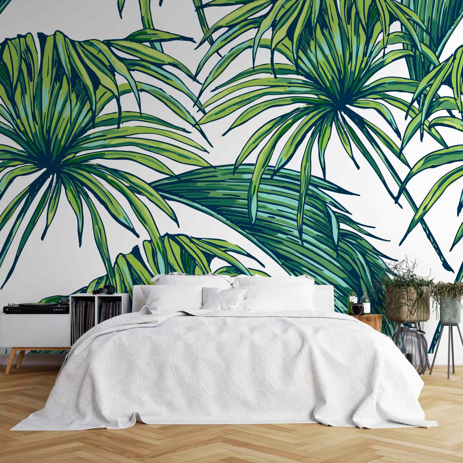 Fotobehang groene palmen op een sneeuwwit oppervlak
