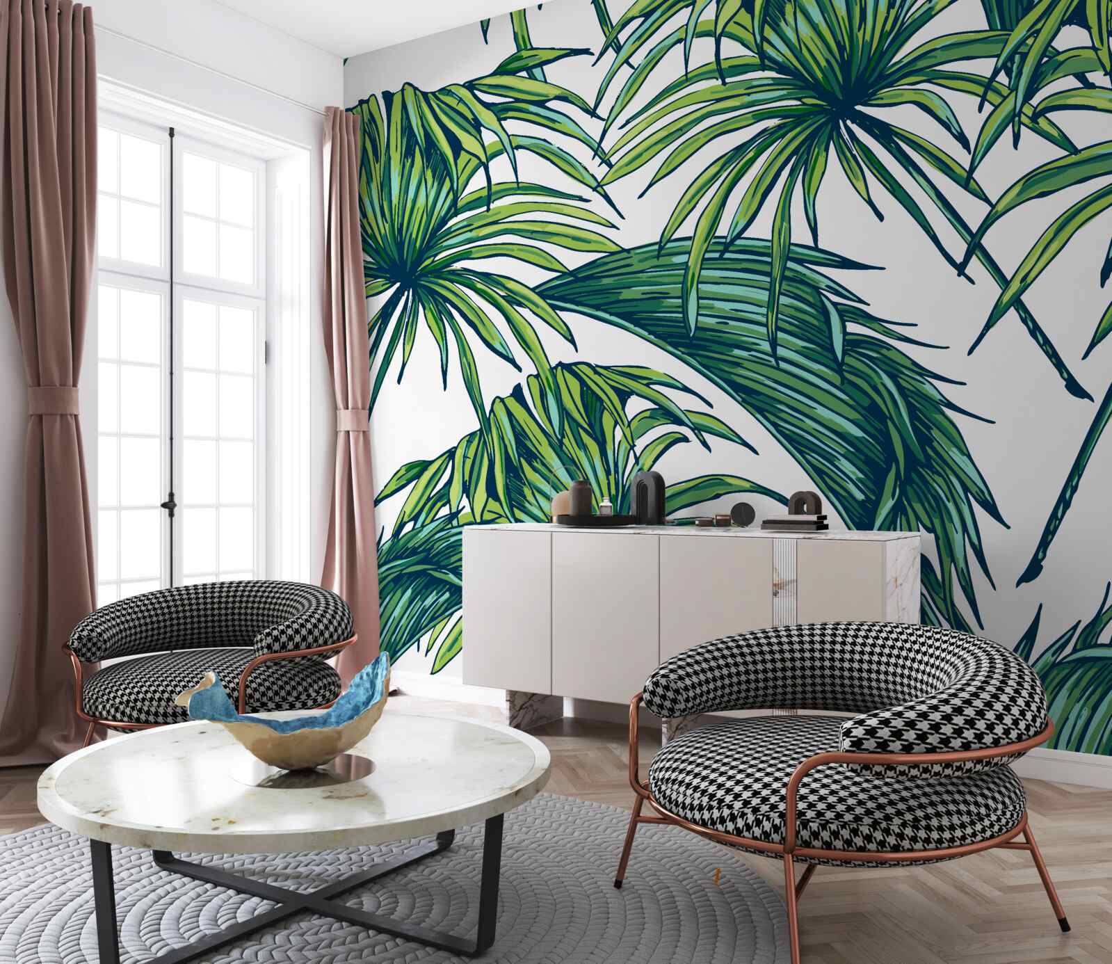 Fotobehang groene palmen op een sneeuwwit oppervlak