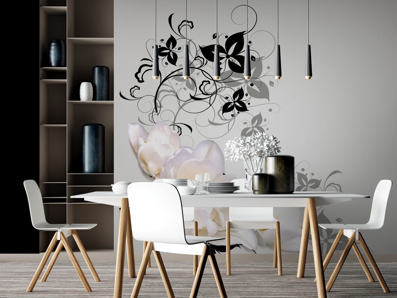 Fotobehang een waterlelie met donkere bladeren tegen een grijze achtergrond