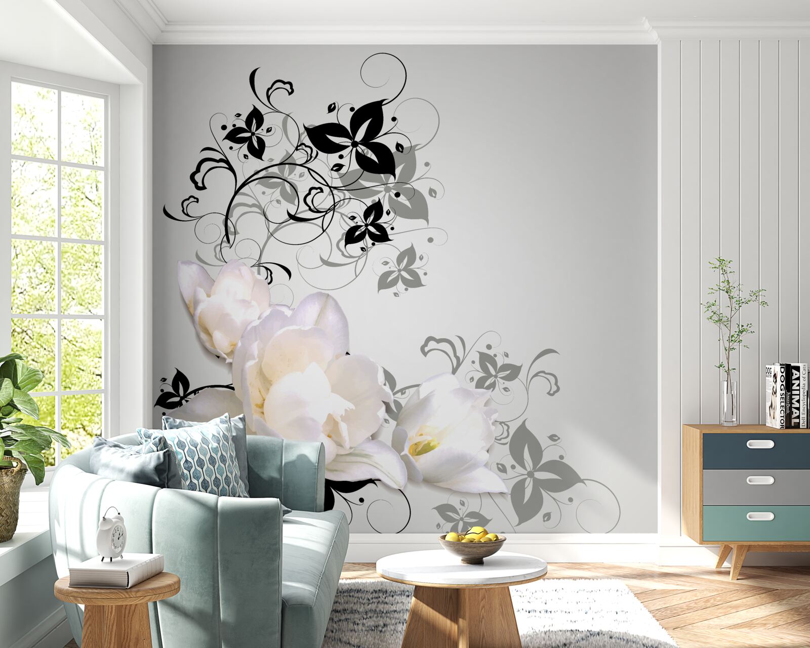 Fotobehang een waterlelie met donkere bladeren tegen een grijze achtergrond