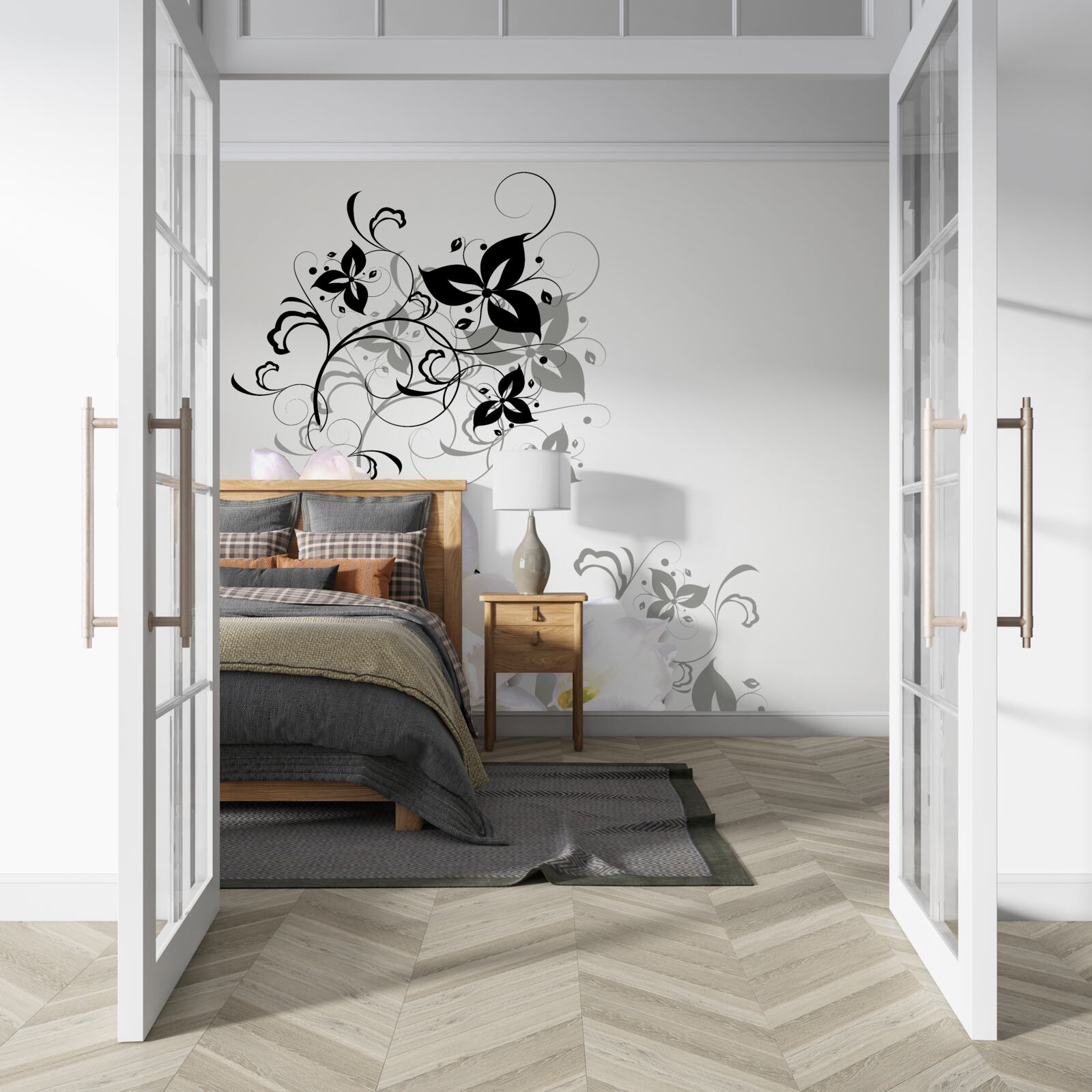 Fotobehang een waterlelie met donkere bladeren tegen een grijze achtergrond