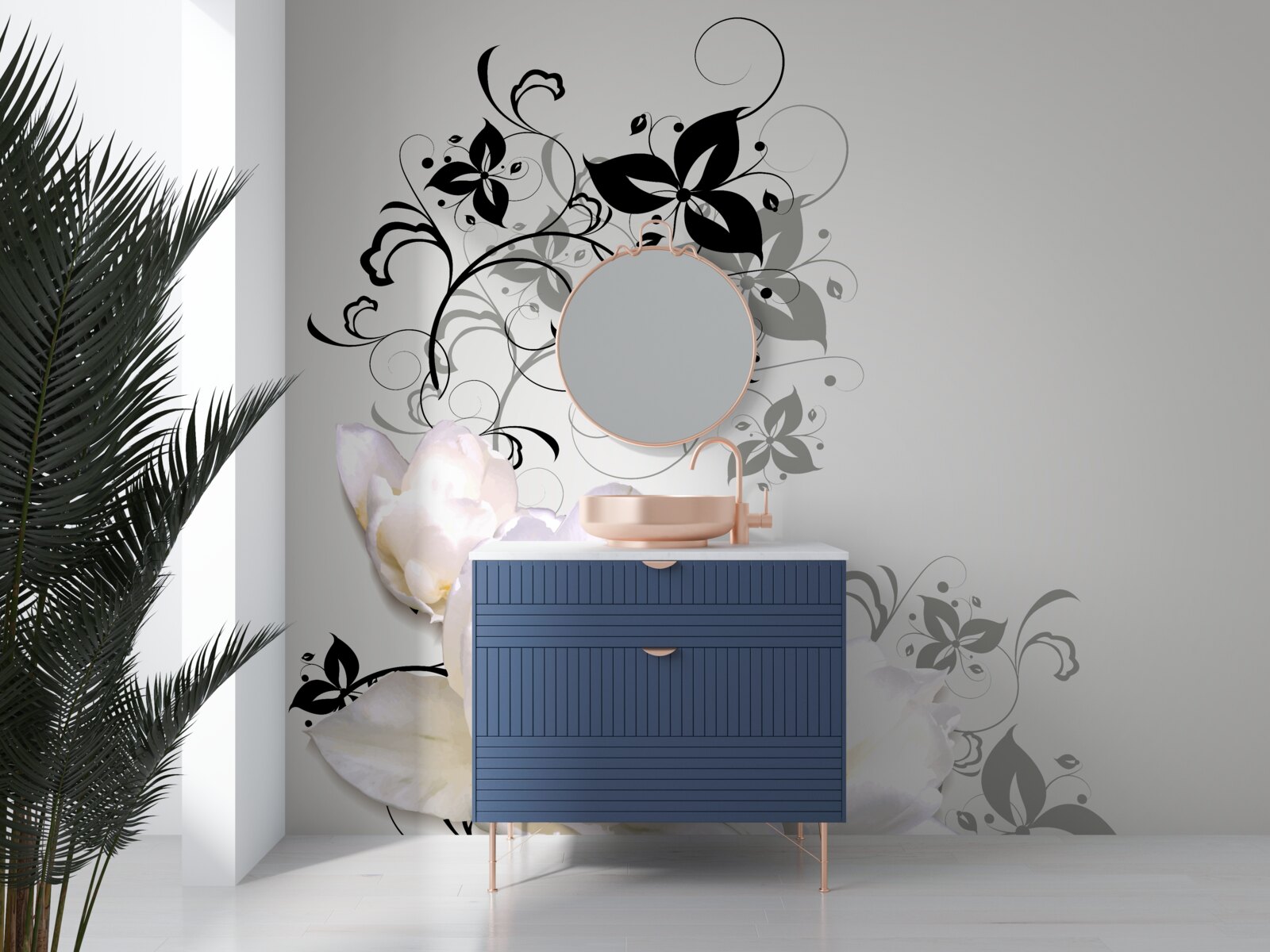 Fotobehang een waterlelie met donkere bladeren tegen een grijze achtergrond