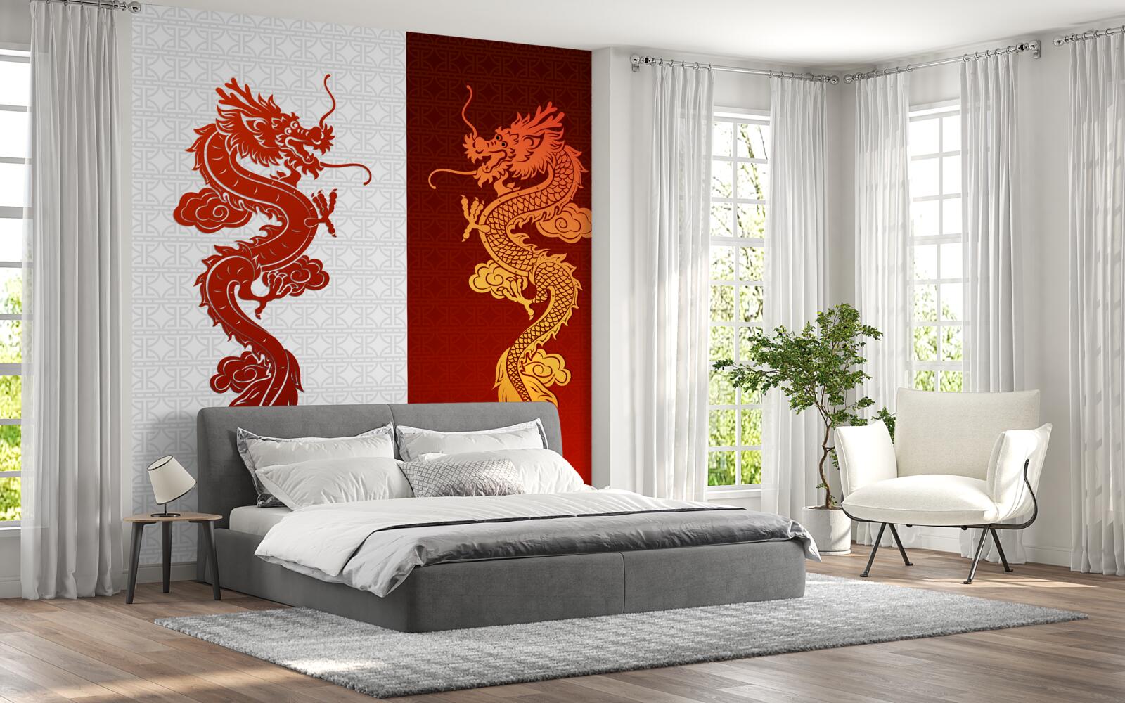 Fotobehang afbeelding van een draak op een witte en rode achtergrond