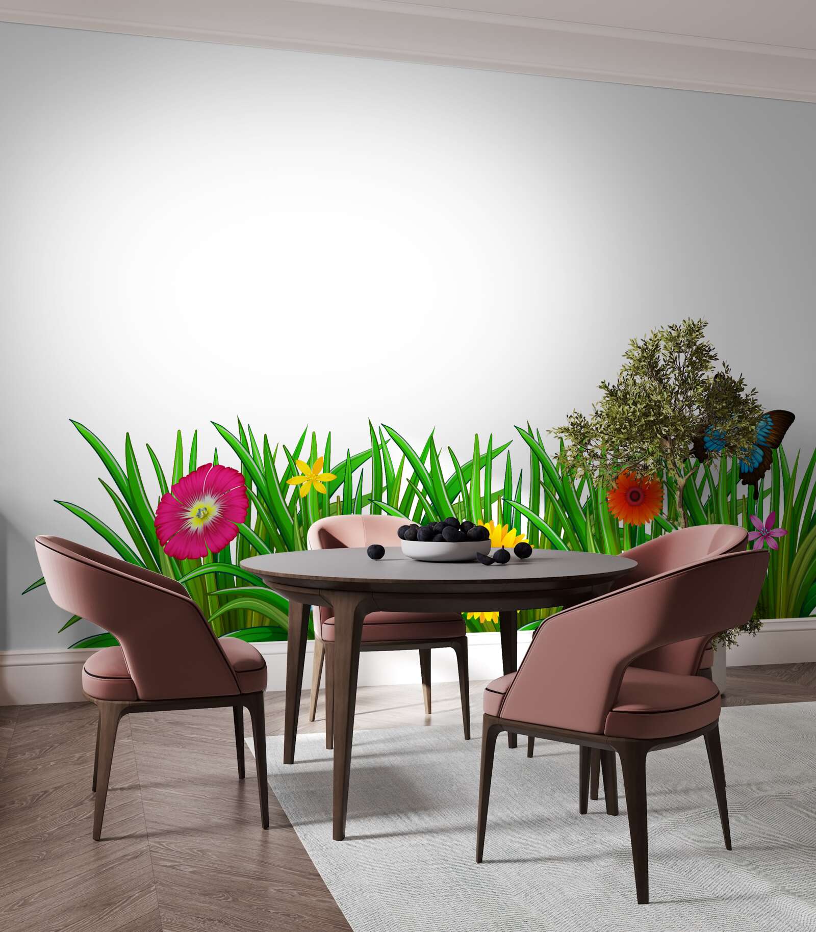 Fotobehang vlinder zit op het gras met gerbera's