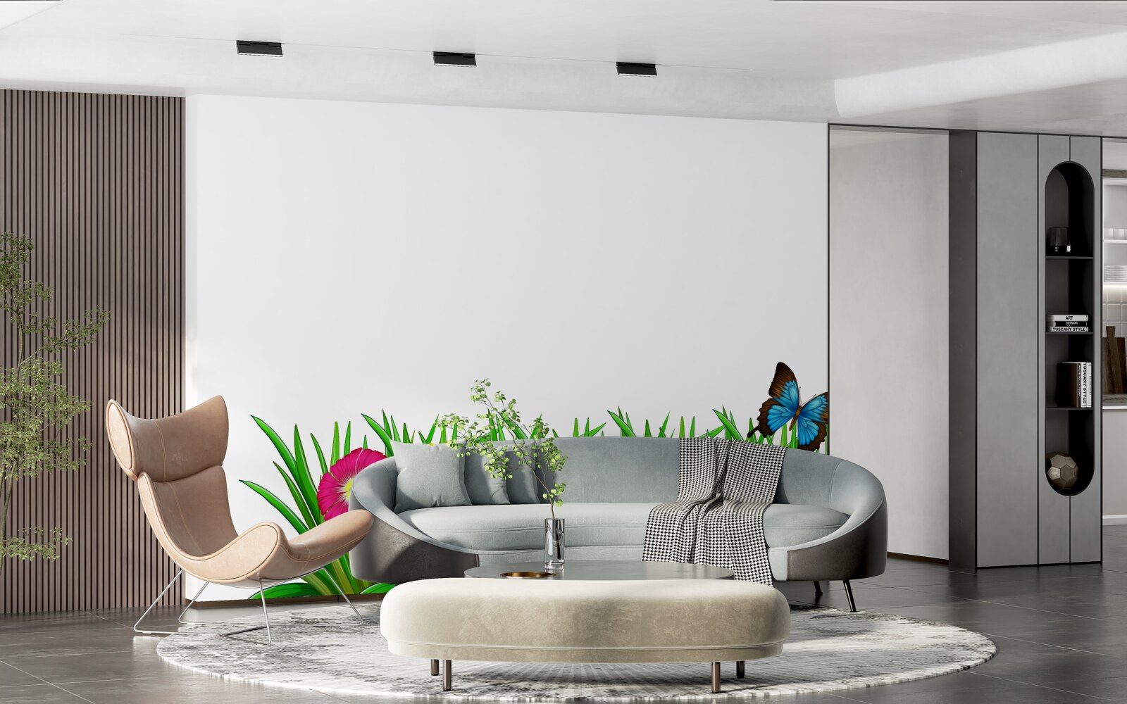 Fotobehang vlinder zit op het gras met gerbera's