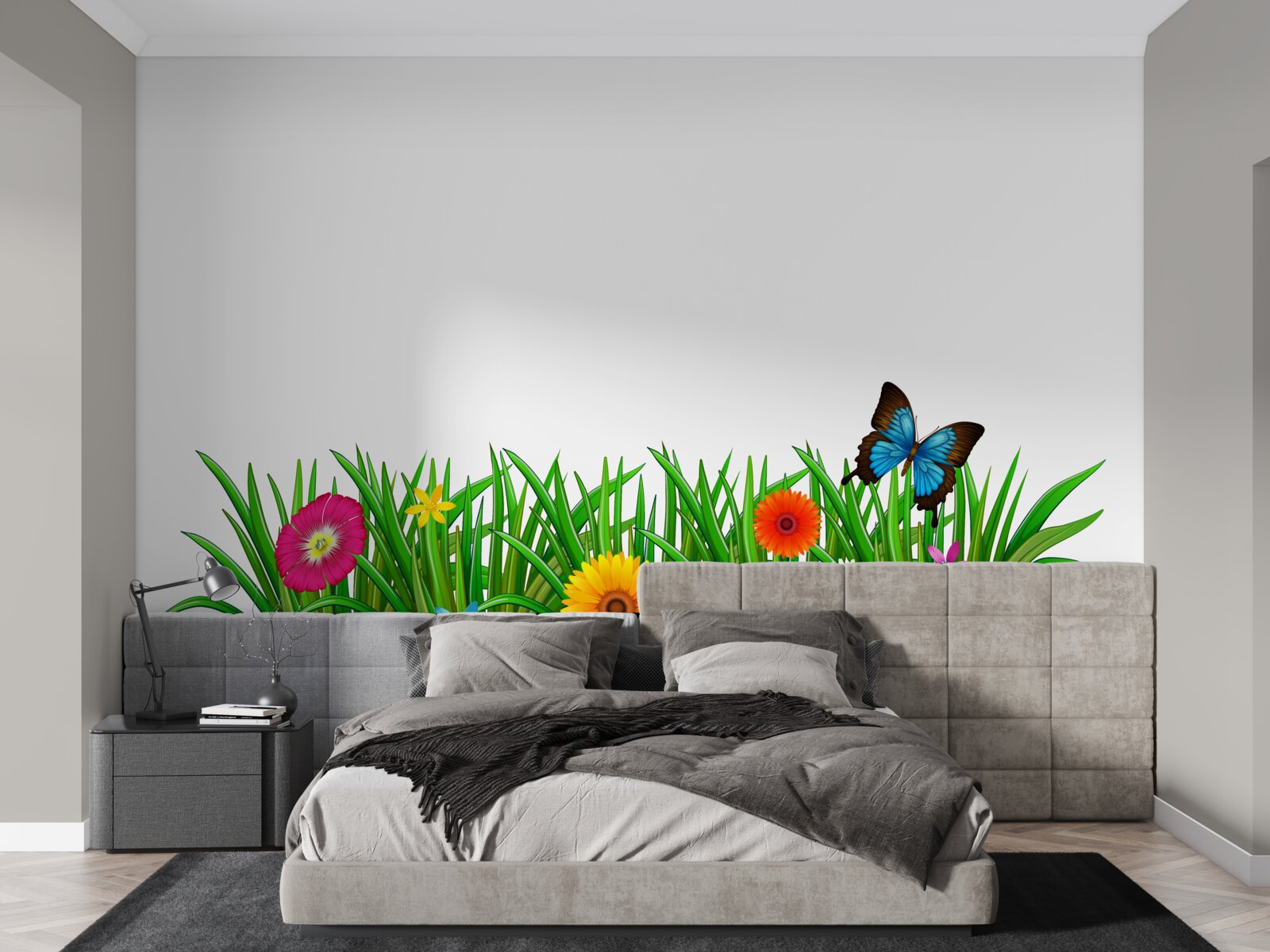 Fotobehang vlinder zit op het gras met gerbera's