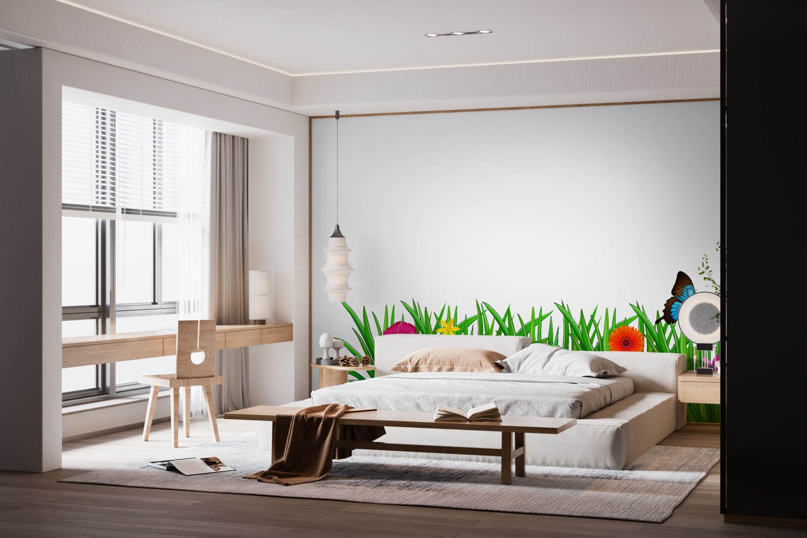 Fotobehang vlinder zit op het gras met gerbera's