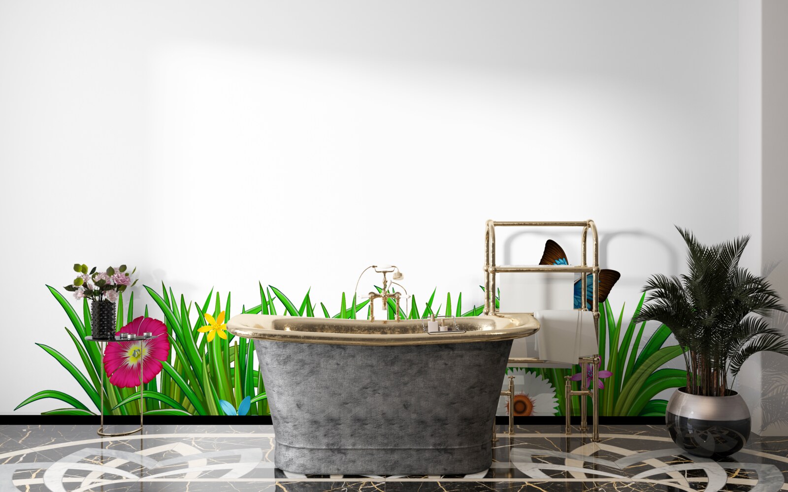 Fotobehang vlinder zit op het gras met gerbera's