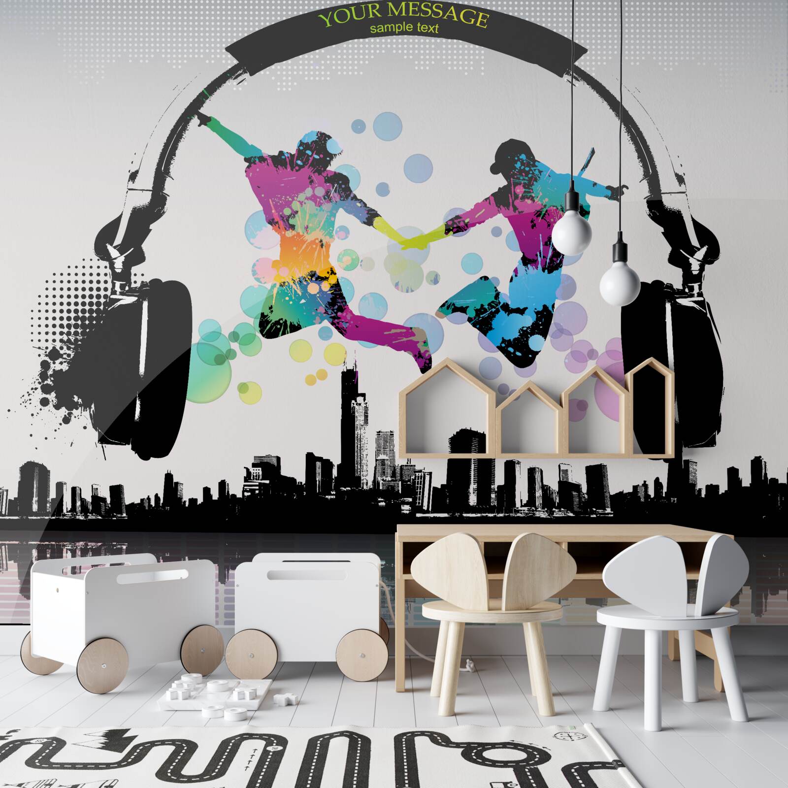 Fotobehang twee dansers tegen een achtergrond van een abstracte stad en koptelefoons