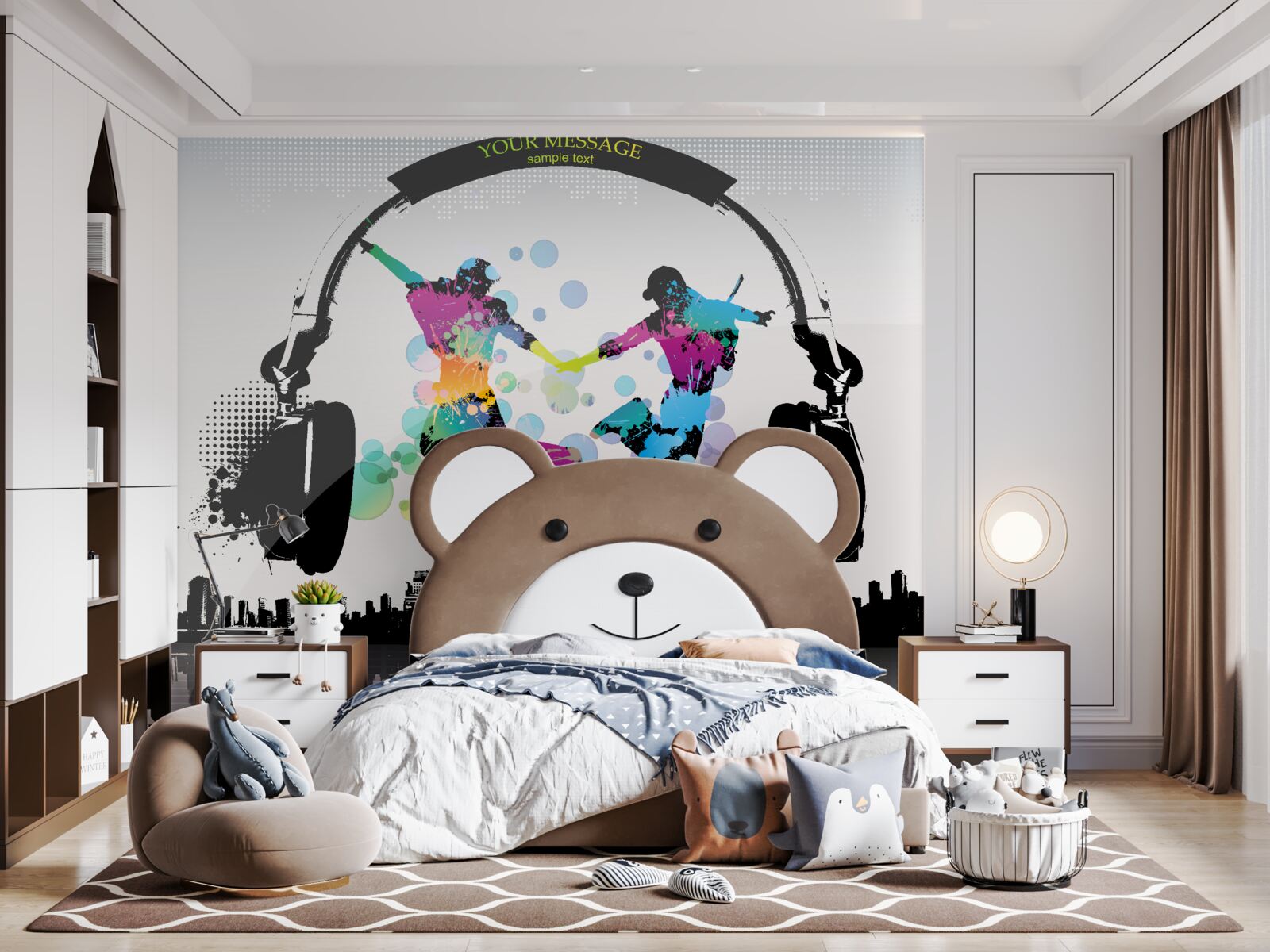 Fotobehang twee dansers tegen een achtergrond van een abstracte stad en koptelefoons