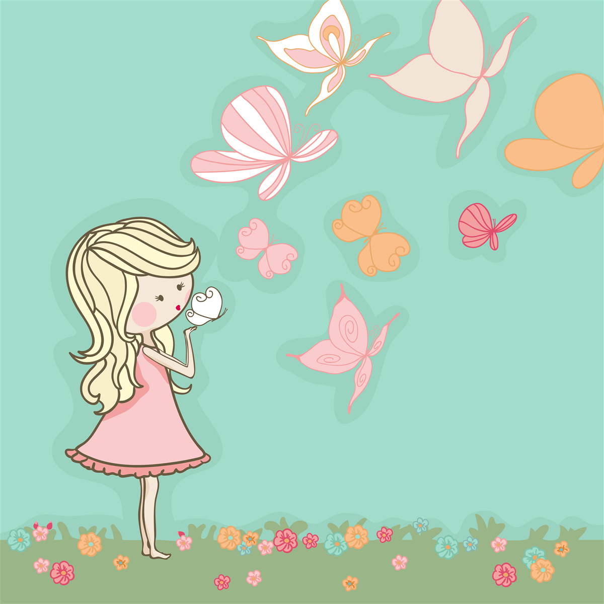 Fotobehang meisje bewondert vlinders