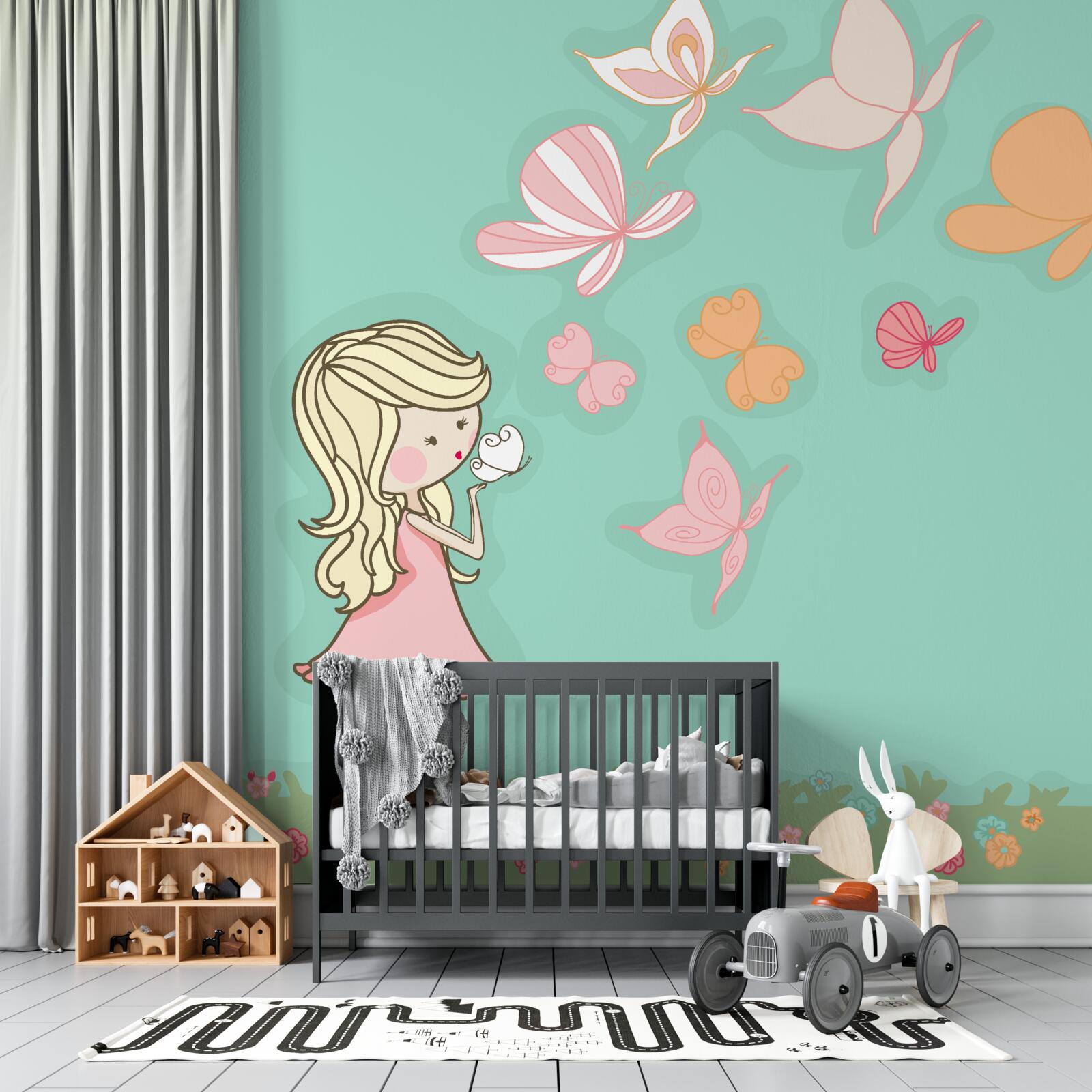 Fotobehang meisje bewondert vlinders