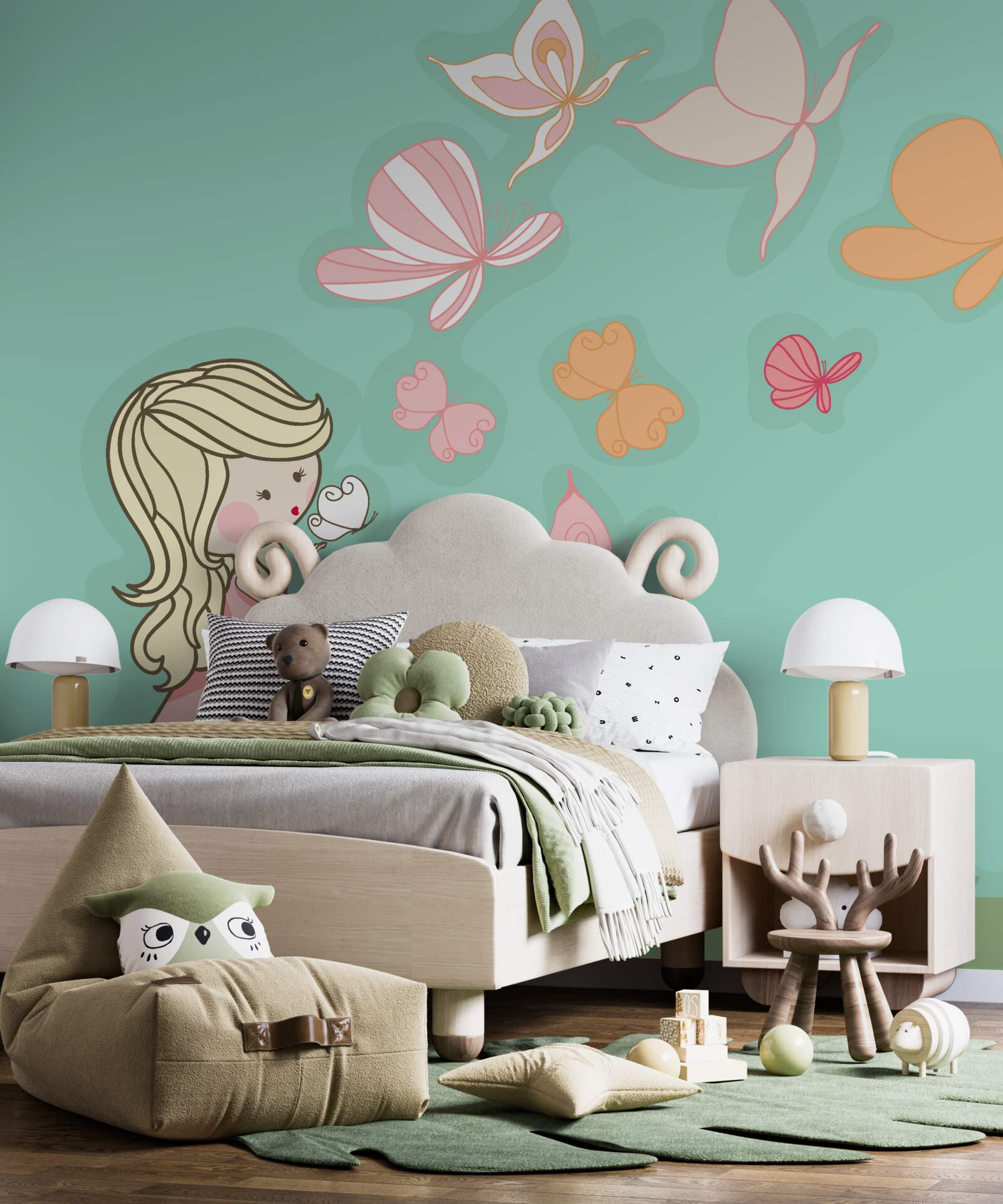 Fotobehang meisje bewondert vlinders