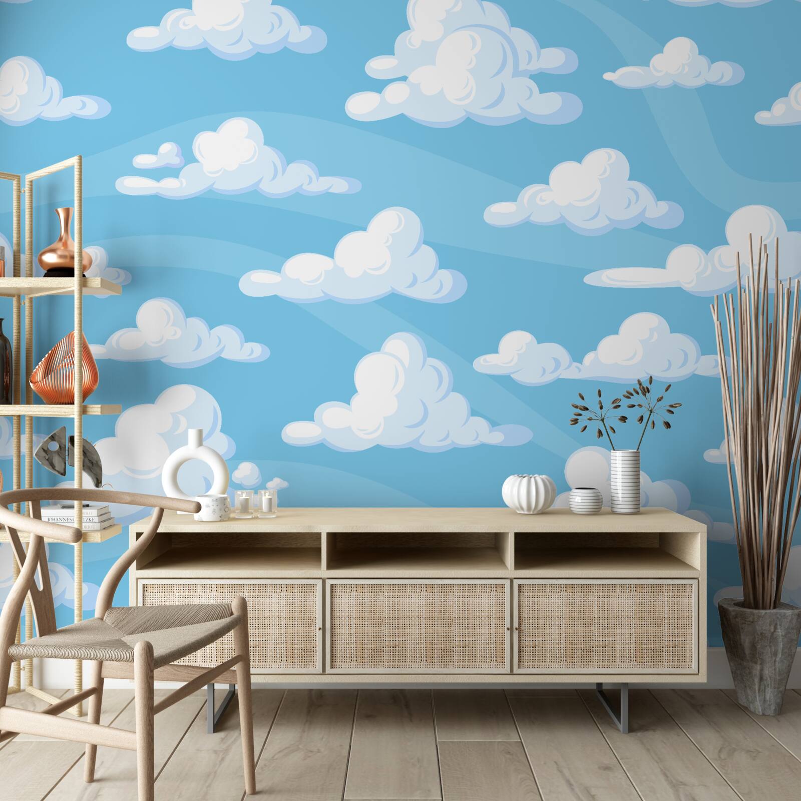 Fotobehang wolken drijvend in een azuurblauwe lucht