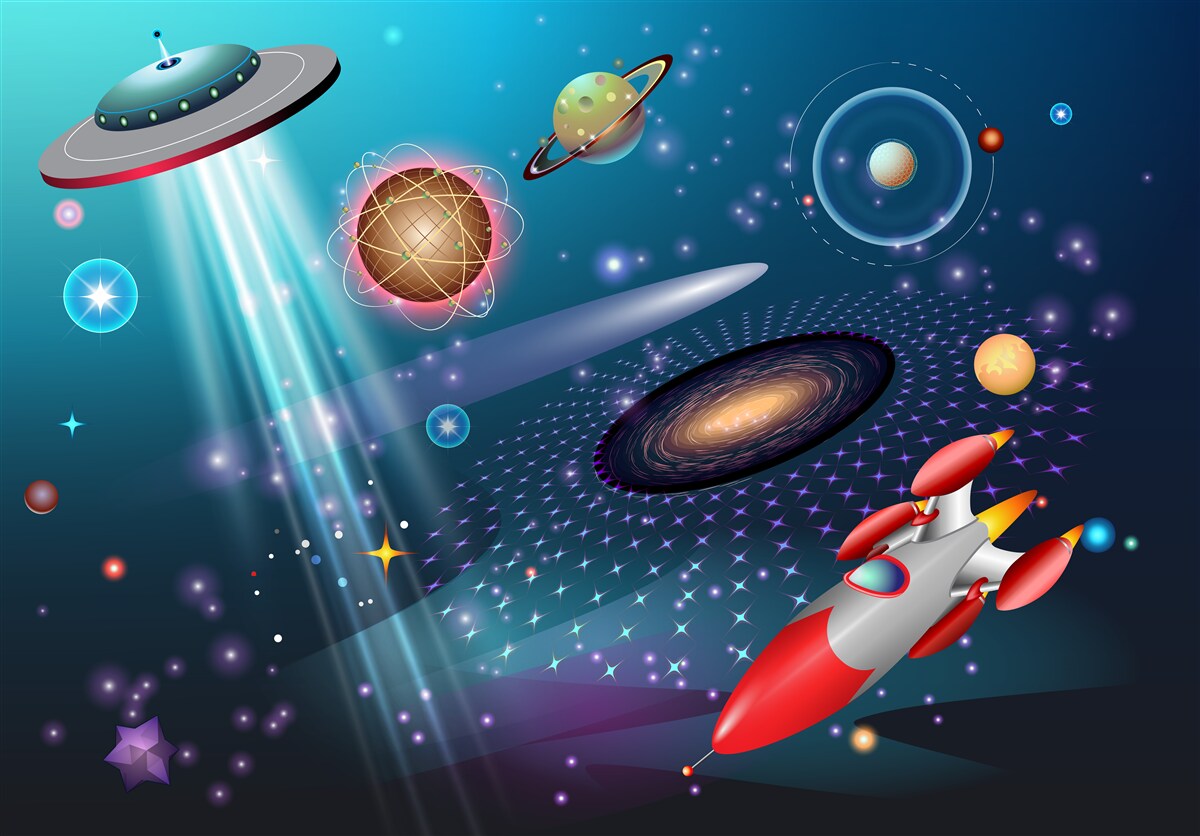 Fotobehang onder de planeten bevinden zich een raket en een ufo
