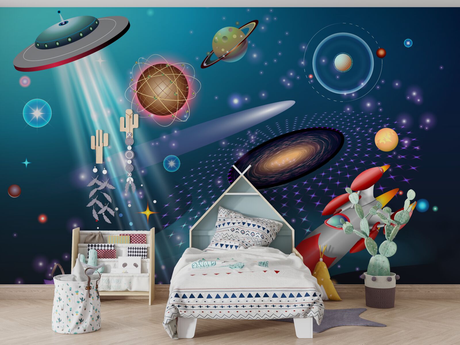 Fotobehang onder de planeten bevinden zich een raket en een ufo