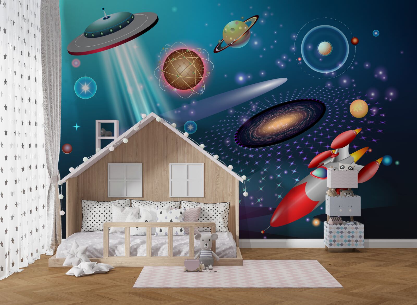 Fotobehang onder de planeten bevinden zich een raket en een ufo