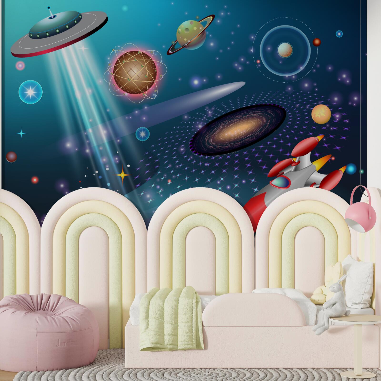 Fotobehang onder de planeten bevinden zich een raket en een ufo