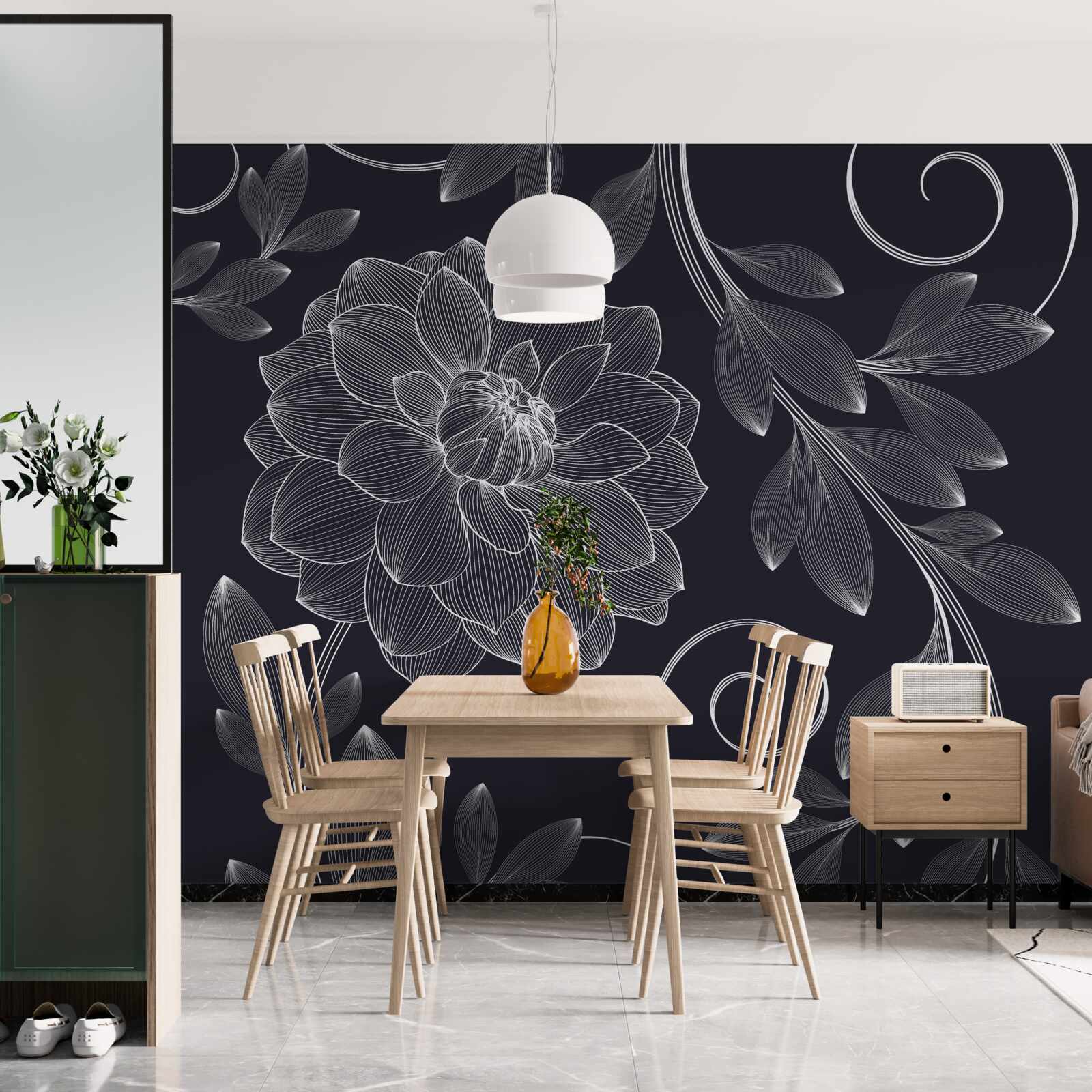 Fotobehang knop en bladeren op een grijze achtergrond