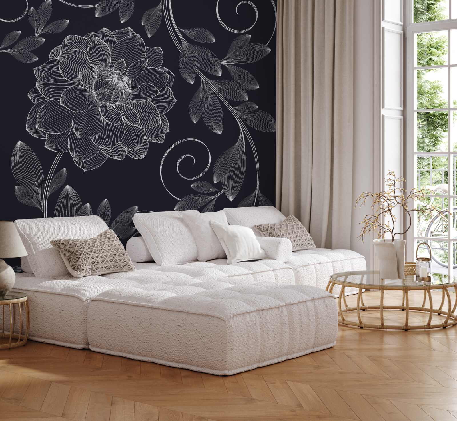 Fotobehang knop en bladeren op een grijze achtergrond