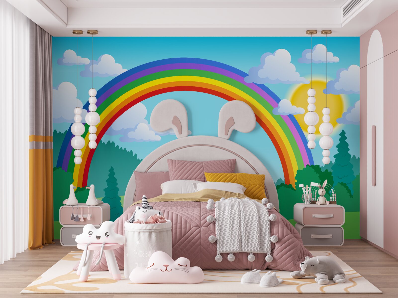 Fotobehang een heldere regenboog schittert op een bosschage