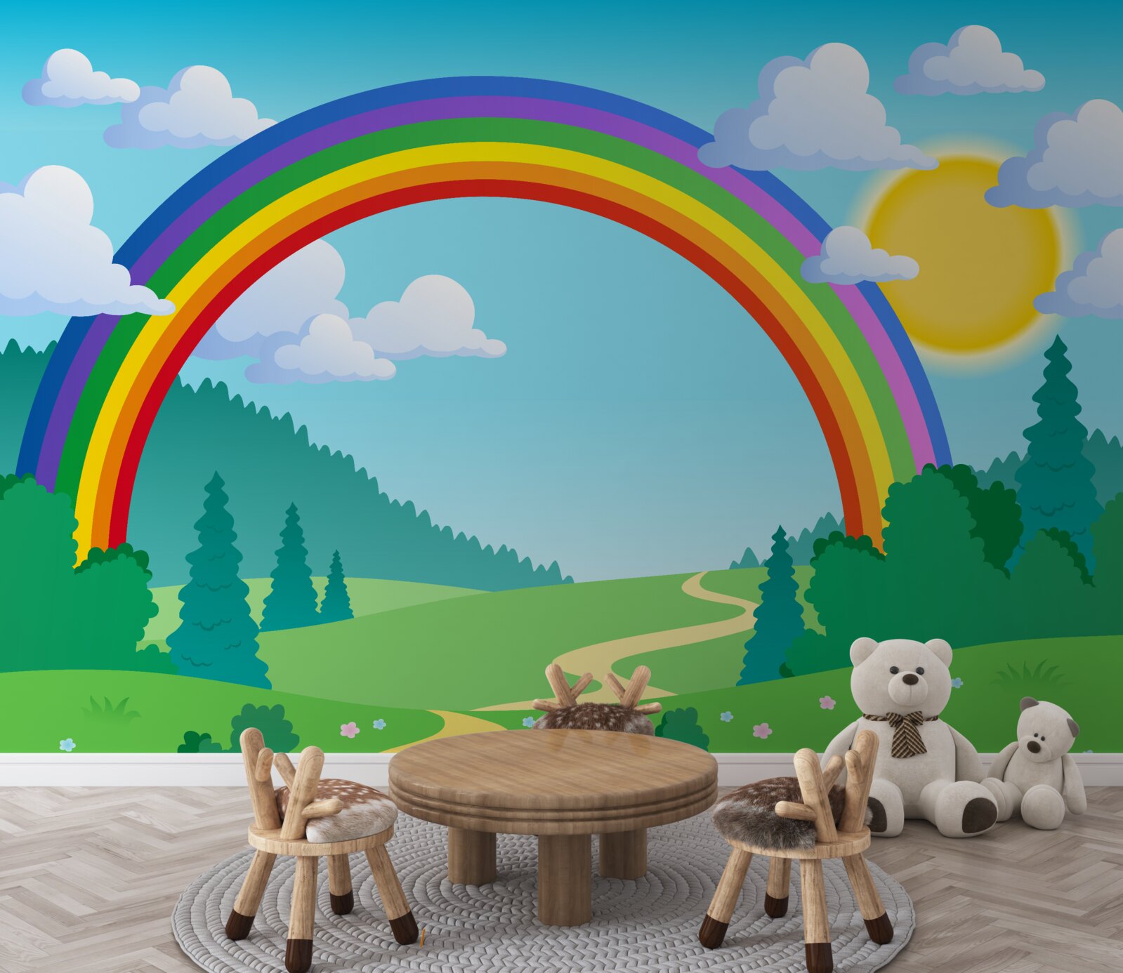 Fotobehang een heldere regenboog schittert op een bosschage