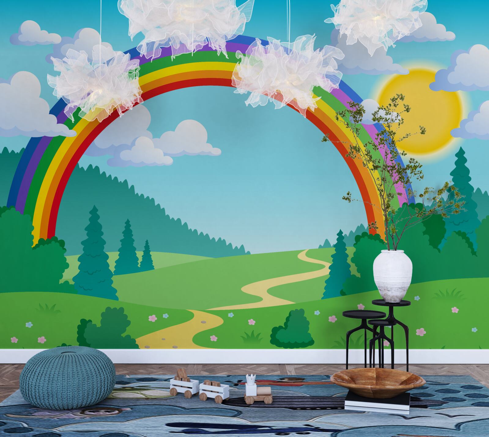 Fotobehang een heldere regenboog schittert op een bosschage